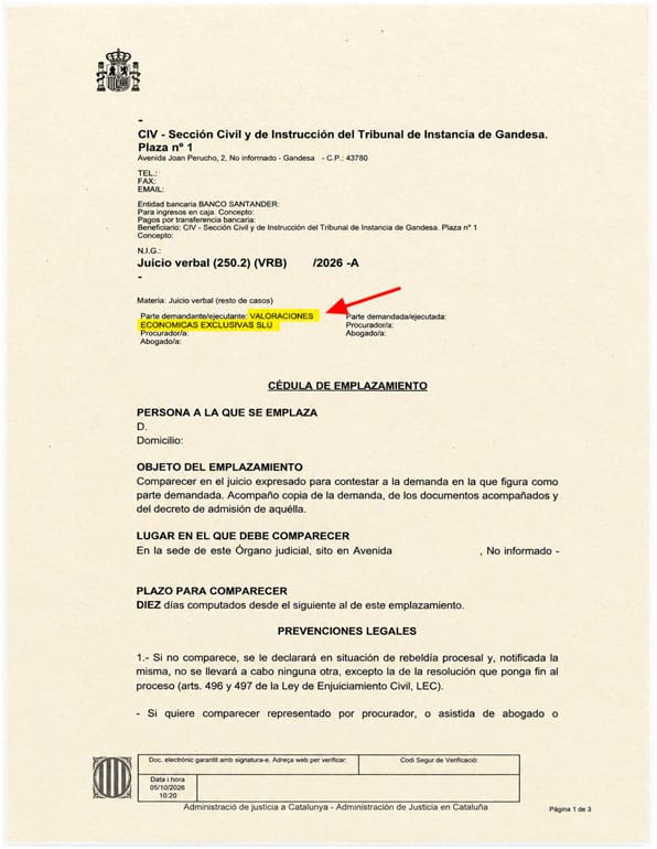 Demanda Valoraciones Económicas Exclusivas SLU